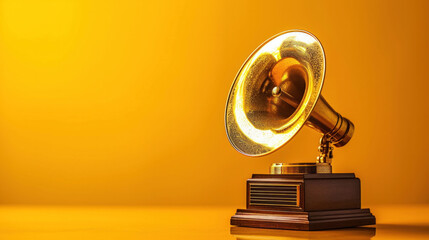 A vintage gramophone on a golden backdrop, a classic emblem of the rich history of music and its timeless appeal. - obrazy, fototapety, plakaty