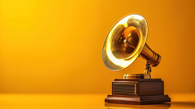 A vintage gramophone on a golden backdrop, a classic emblem of the rich history of music and its timeless appeal.
