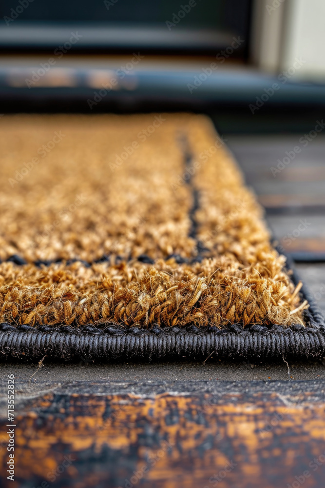 Poster A detailed view of a rug placed on a wooden floor. Perfect for adding warmth and texture to interior design projects