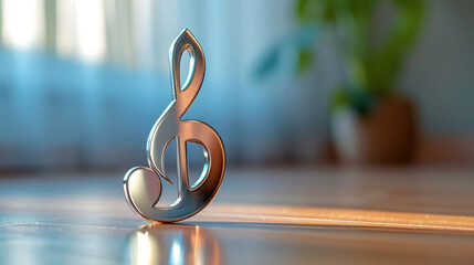 A metallic treble clef sculpture with a soft-focus background, portraying the elegance of musical notation and the beauty of music's universal language.