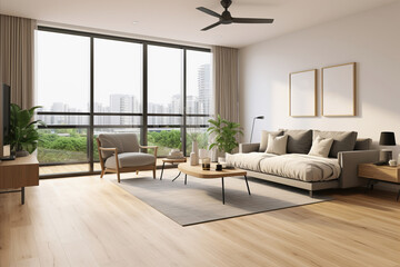 Serene living with a white and gray color scheme, creating a comfortable and spacious atmosphere, and featuring stylish furniture.