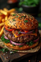 Burger with bacon, meat, cheese, tomatoes and herbs on the table. Close-up