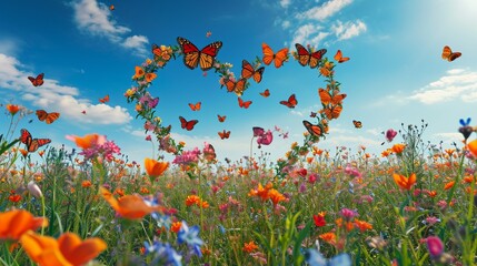 Fototapeta na wymiar Graceful butterflies forming heart-shaped patterns over a field of vibrant, blooming wildflowers