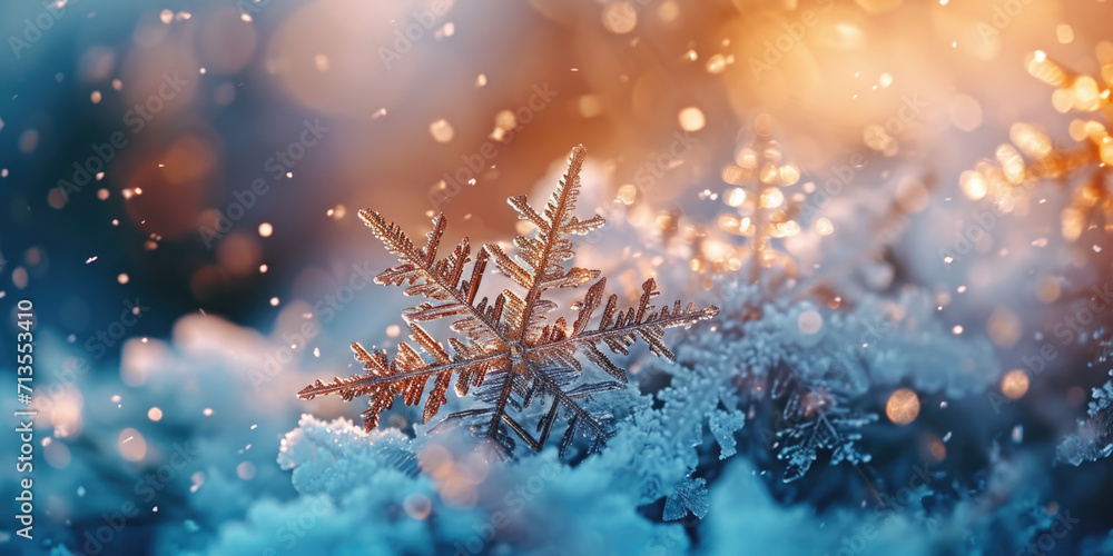 Poster a close up view of a snowflake on a tree. perfect for winter-themed designs and holiday decorations