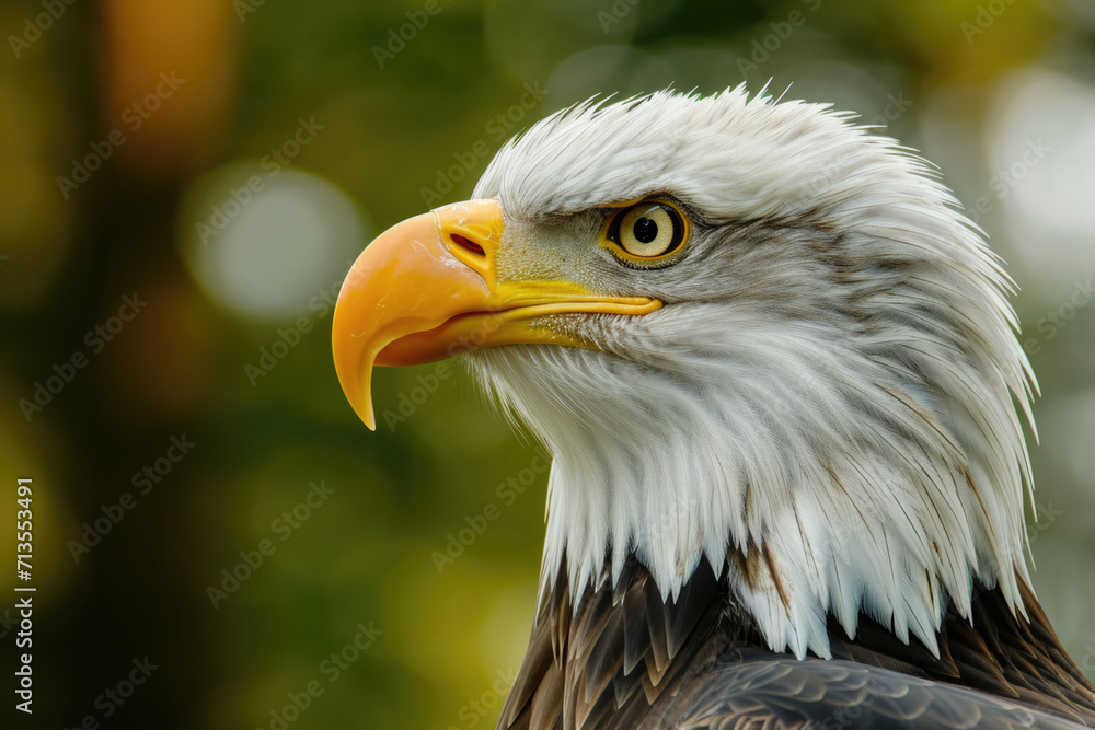 Poster a detailed close up of an eagle's head with towering trees in the background. perfect for nature ent