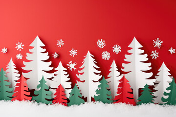 Obraz premium Red background with paper cut trees and snowflakes. Can be used for winter-themed designs or holiday greetings
