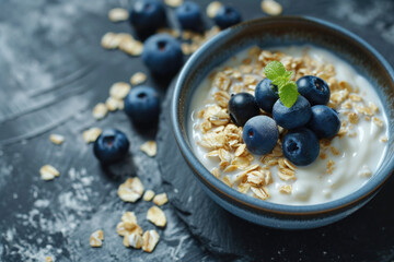 A delicious bowl of yogurt topped with fresh blueberries and crunchy granola. Perfect for a healthy breakfast or snack option - Powered by Adobe