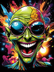 T-shirt design, Laughing Alien, the most beautiful in the universe, in the style of marvel, comic book created with Generative Ai
