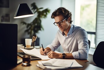Serious young man in eyeglasses making notes while working in office - obrazy, fototapety, plakaty