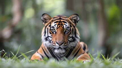 Fototapeta premium Majestic Tiger Observing the Camera in Grass