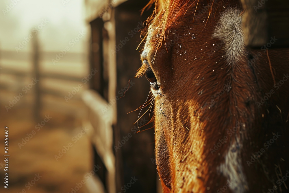 Poster a close-up view of a horse's face near a fence. suitable for equestrian-related projects