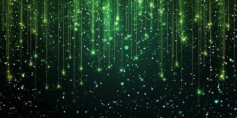 Shiny green glitter rain draping down on black background, sparkling particles celebration background, for party, poster, greeting card, Christmas and St Patrick's Day.