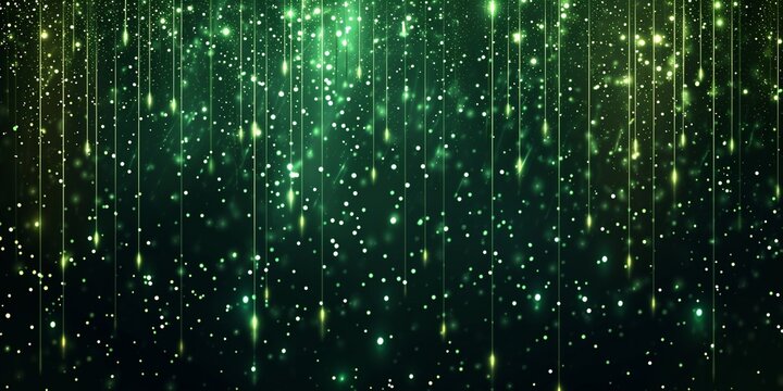 Shiny green glitter rain draping down on black background, sparkling particles celebration background, for party, poster, greeting card, Christmas and St Patrick's Day.