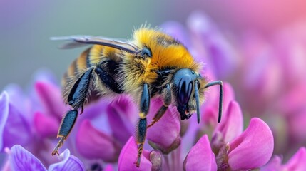 Close up photo of a bee in bright neon colors on beautiful vibrant flowers collecting nectar and pollinating. Neon pink, purple, yellow