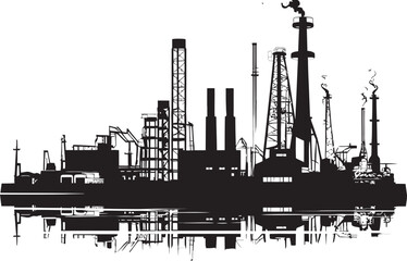 Obraz premium Metallic Metropolis Vector Logo of Factory Landscape Infrastructure Insight Industrial Zone Emblem