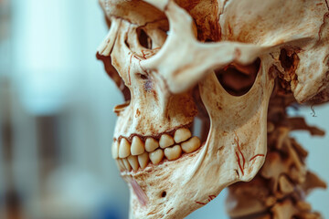 A human skull with a missing jaw and teeth. Can be used to depict death, anatomy, or forensic science