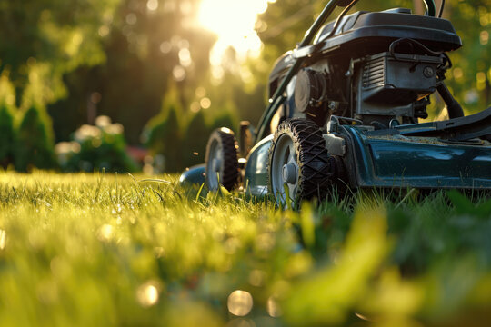 A picture of a lawn mower sitting in the grass. Suitable for landscaping or gardening projects