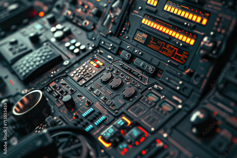 Poster a detailed view of the control panel in a plane. this image can be used to depict aviation, technolo