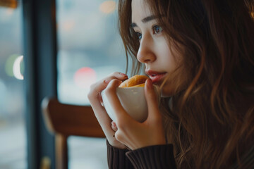 A woman is seated at a table, holding a cup of coffee. This image can be used to depict relaxation, morning routines, or a cozy coffee break