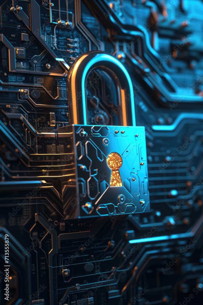 Leinwandbilder a close up view of a padlock attached to a circuit board. this image can be used to represent cybers