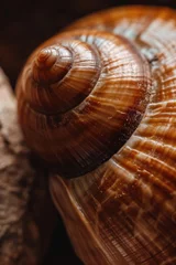 Poster A close up view of a snail's shell resting on a rock. Perfect for nature or wildlife themed projects © Fotograf