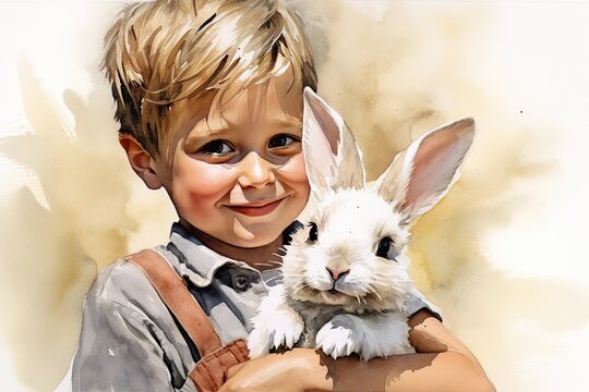 Watercolor boy smiling and holding white rabbit in his hands. Easter card