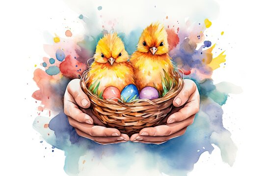 Watercolor hands holding a basket with colorful Easter eggs and little chick