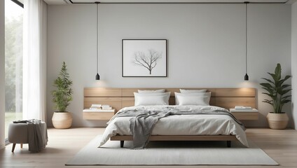 Fototapeta na wymiar A minimalist bedroom with simple furniture, neutral tones, and an overall serene and clutter-free ambiance. generative AI