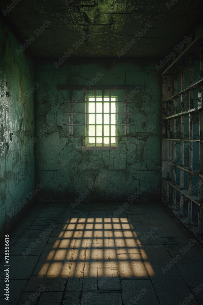 Poster a picture of a jail cell with a window and bars. can be used to depict imprisonment, confinement, or
