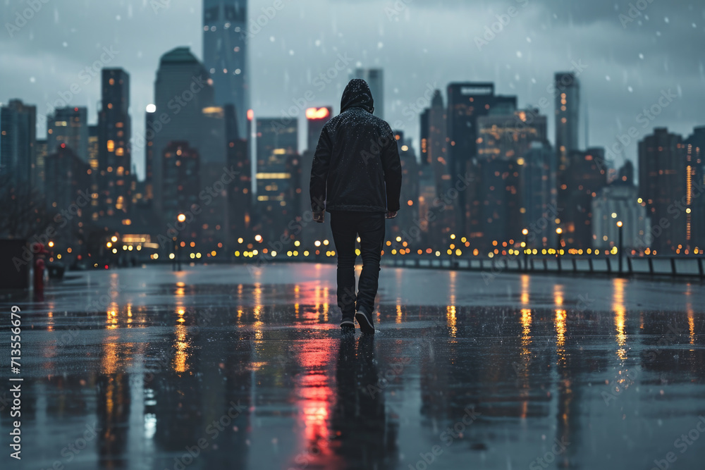 Poster A person standing in the rain with a view of the city in the background. This image can be used to depict solitude, urban life, or a rainy day