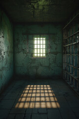 A picture of a jail cell with a window and bars. Can be used to depict imprisonment, confinement, or the justice system.