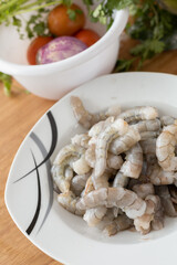 wallpaper healthy food ingredient, detail of peeled shrimp, shells, vegetables, seafood restaurant, dish preparation