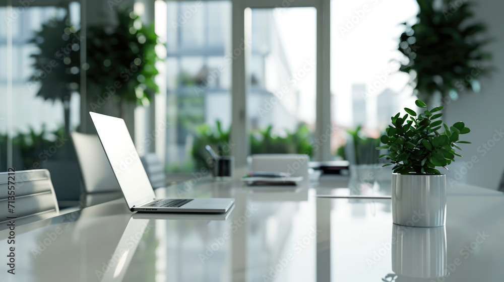 Poster A laptop computer sitting on top of a white table. Suitable for technology-related projects or office-themed designs