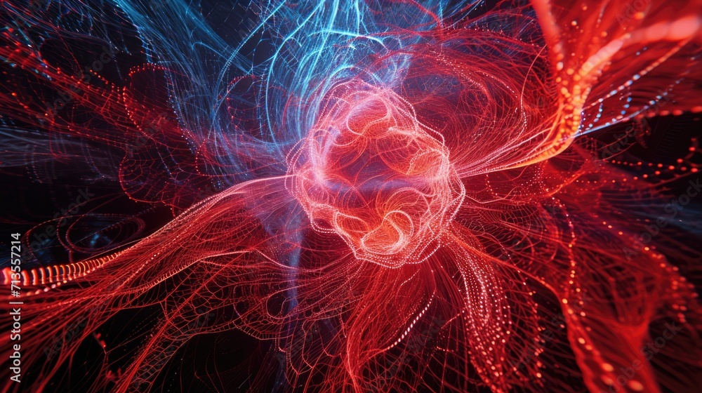 Poster abstract background of chaotic blue and red lines, dots and a circular plexus in the center