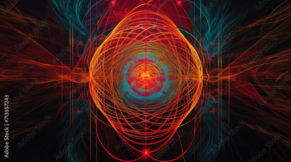 Aufkleber abstract background of chaotic colored lines and circles in the center on a black background