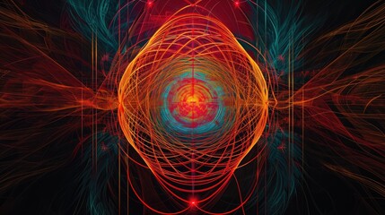 Abstract background of chaotic colored lines and circles in the center on a black background