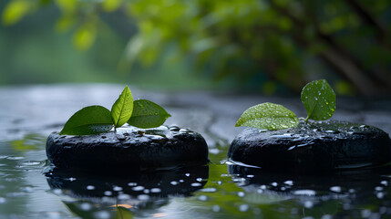 Zen stones with green leaves floating on water, promoting tranquility, mindfulness, and spiritual meditation