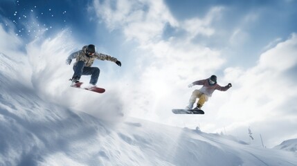 snowboarders catching air off a large jump, with snow spraying behind them