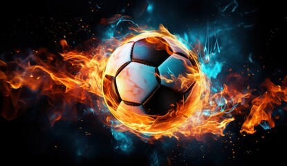 Naklejka premium soccer ball in flames on dark background