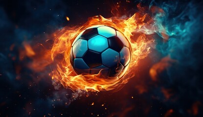 Naklejka premium soccer ball in flames on dark background