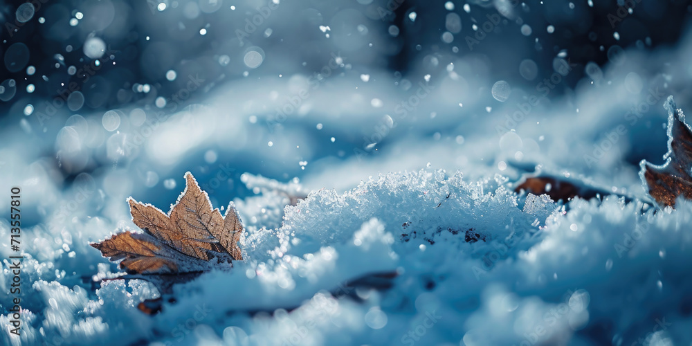 Aufkleber a detailed close-up view of a single leaf covered in snow. this image can be used to depict the beau