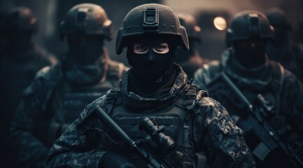 Fototapeta premium soldiers wearing masks and firearms in the dark