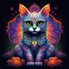 Abstract Colorful Cat Animal God Mandala Bright Artistic Fantasy Mystique Digital Generated Illustration