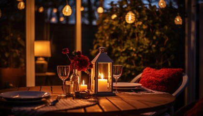 table setting at night under lights on an outdoor patio - obrazy, fototapety, plakaty
