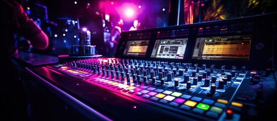 the monitor system on sound mixing console at a night club
