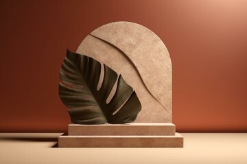 Stone display podium with leaf shadow on brown background. Rendered. Generative AI