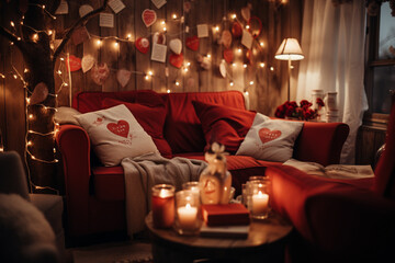 A cozy living room setup with a couple exchanging handmade valentine cards, surrounded by fairy lights and the warmth of love on Valentine's Day.