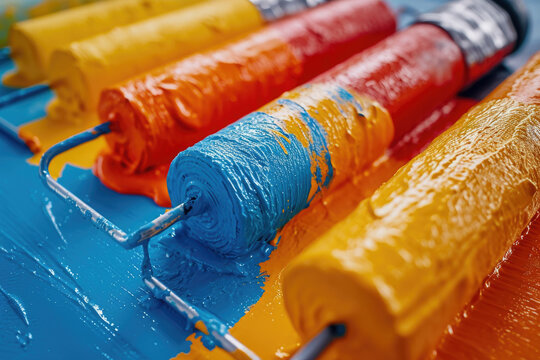 A detailed close-up view of a bunch of paint rollers. Perfect for depicting the tools and process of painting.