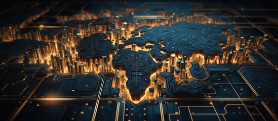world map in an image of gold digital circuits and circuits on earth
