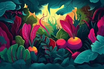 colorful illustration of beetroot surrounded by green leaves and plants. Generative AI